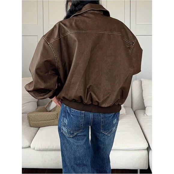 Women Brown Faux Leather Jacket Zip Up Oversized Motorcycle Outfits Winter Coats - Picture 2 of 6